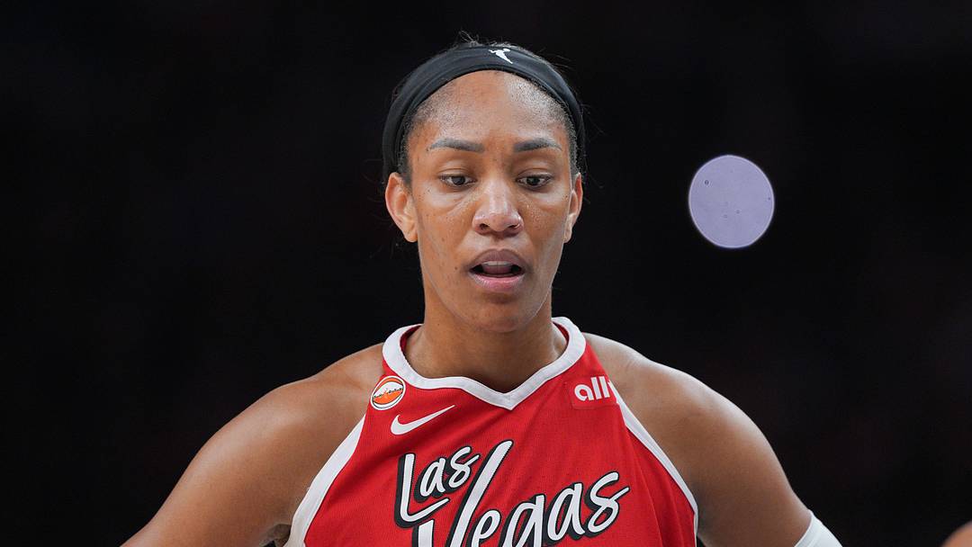 Aug 8, 2026; Minneapolis, Minnesota, USA; Las Vegas Aces A'ja Wilson (22) against the Minnesota Lynx in the second quarter at Target Center. Mandatory Credit: Brad Rempel-Imagn Images