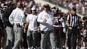 Texas A&M Aggies head coach Mike Elko on the sideline during the second quarter against the South Carolina Gamecocks at Kyle Field. 