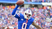 Sep 8, 2024; Orchard Park, New York, USA; Buffalo Bills wide receiver Keon Coleman (0) celebrates after making a catch in the third quarter against the Arizona Cardinals at Highmark Stadium. Mandatory Credit: Mark Konezny-Imagn Images