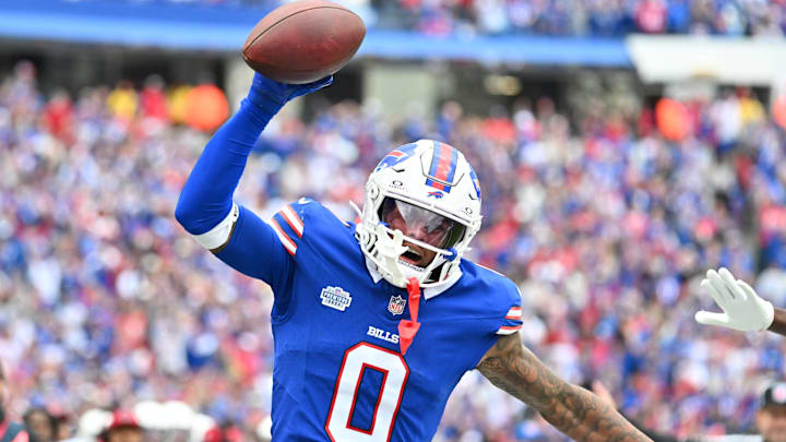 Sep 8, 2024; Orchard Park, New York, USA; Buffalo Bills wide receiver Keon Coleman (0) celebrates after making a catch in the third quarter against the Arizona Cardinals at Highmark Stadium. Mandatory Credit: Mark Konezny-Imagn Images