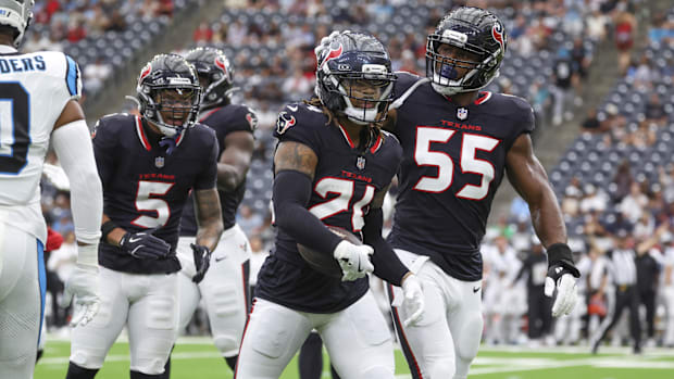 Aug 16, 2025; Houston, Texas, USA; Houston Texans cornerback Derek Stingley Jr. (24) is congratulated by defensive end Daniel