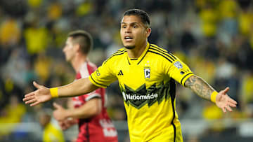Columbus Crew forward Cucho Hernandez (9) looks for a hand ball call on New York Red Bulls defender Dylan Nealis during the second half of the MLS Cup Playoffs first round game at Lower.com Field in Columbus on Oct. 29.