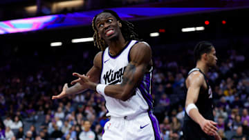 Mar 27, 2025; Sacramento, California, USA; Sacramento Kings guard Keon Ellis (23) reacts to a call during the fourth quarter against the Portland Trail Blazers at Golden 1 Center. Mandatory Credit: Sergio Estrada-Imagn Images