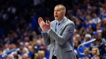 Nov 14, 2025; Lexington, Kentucky, USA; Kentucky Wildcats head coach Mark Pope claps during the first half against the Eastern Illinois Panthers at Rupp Arena at Central Bank Center. Mandatory Credit: Jordan Prather-Imagn Images