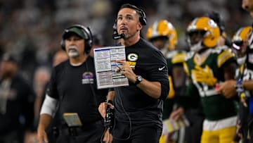 Sep 28, 2025; Arlington, Texas, USA; Green Bay Packers head coach Matt LaFleur looks on during the game between the Dallas Cowboys and the Green Bay Packers at AT&T Stadium. Mandatory Credit: Jerome Miron-Imagn Images