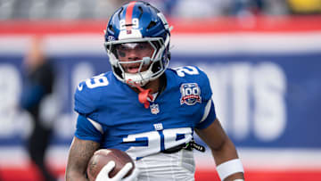New York Giants running back Tyrone Tracy Jr. (29) runs with the ball during warmups before a game between New York Giants and Indianapolis Colts at MetLife Stadium on Sunday, Dec. 29, 2024.