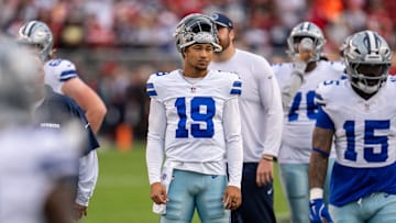 Oct 27, 2024; Santa Clara, California, USA; Dallas Cowboys quarterback Trey Lance (19) during warmups before the start of the game against the San Francisco 49ers  at Levi's Stadium. Mandatory Credit: Neville E. Guard-Imagn Images