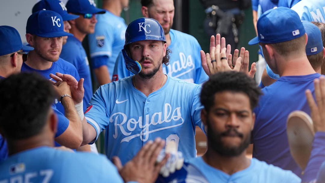 Sep 21, 2025; Kansas City, Missouri, USA; Kansas City Royals first baseman Vinnie Pasquantino (9) celebrates against the Toronto Blue Jays after scoring during the fourth inning at Kauffman Stadium. Mandatory Credit: Denny Medley/Imagn Images
