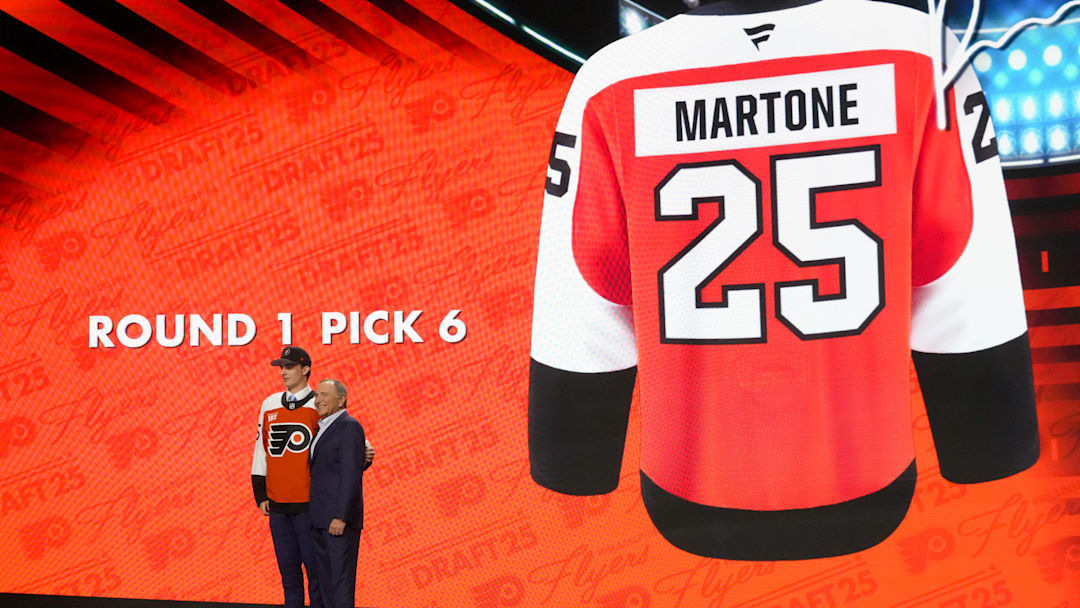 Jun 27, 2025; Los Angeles, California, USA; Porter Martone is selected as the sixth overall pick to the Philadelphia Flyers in the first round of the 2025 NHL Draft at Peacock Theater. Mandatory Credit: Kirby Lee-Imagn Images