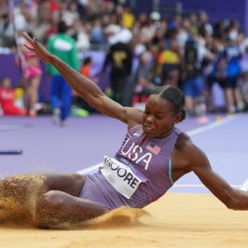 Jasmine Moore made history with the Florida Gators and she's doing the same at the Paris Olympics