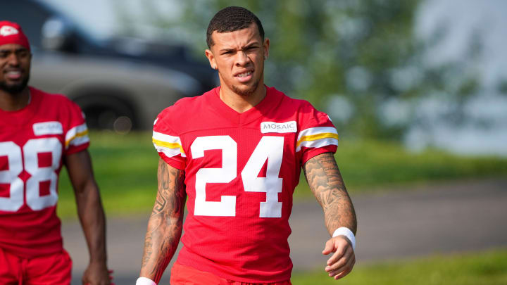 Jul 22, 2024; St. Joseph, MO, USA; Kansas City Chiefs wide receiver Skyy Moore (24) walks down the hill from the locker room to the fields prior to training camp at Missouri Western State University. Mandatory Credit: Denny Medley-USA TODAY Sports