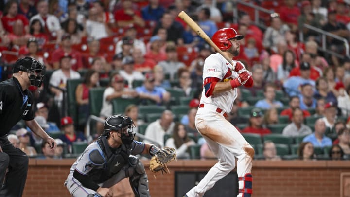 Jul 17, 2023; St. Louis, Missouri, USA;  St. Louis Cardinals center fielder Dylan Carlson (3) hits a