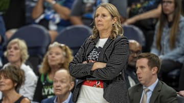 Sep 21, 2025; Minneapolis, Minnesota, USA; Minnesota Lynx head coach Cheryl Reeve looks on against the Phoenix Mercury in the second half during game one of the second round for the 2025 WNBA Playoffs at Target Center. Mandatory Credit: Jesse Johnson-Imagn Images