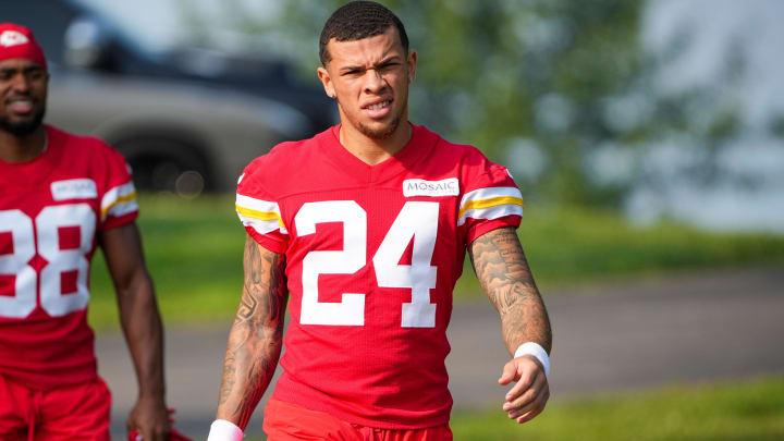 Jul 22, 2024; St. Joseph, MO, USA; Kansas City Chiefs wide receiver Skyy Moore (24) walks down the hill from the locker room to the fields prior to training camp at Missouri Western State University. Mandatory Credit: Denny Medley-USA TODAY Sports