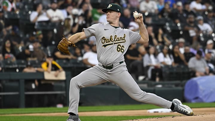 Sep 13, 2024; Chicago, Illinois, USA;  Oakland Athletics pitcher Brady Basso (66) delivers against the Chicago White Sox during the first inning at Guaranteed Rate Field. Mandatory Credit: Matt Marton-Imagn Images