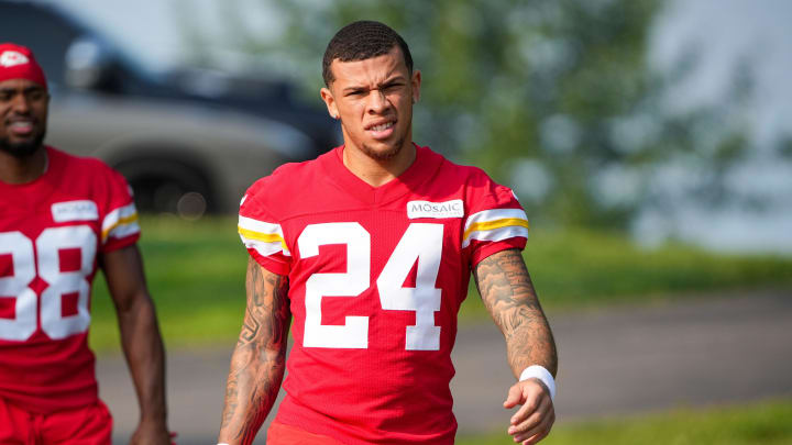 Jul 22, 2024; St. Joseph, MO, USA; Kansas City Chiefs wide receiver Skyy Moore (24) walks down the hill from the locker room to the fields prior to training camp at Missouri Western State University. Mandatory Credit: Denny Medley-USA TODAY Sports