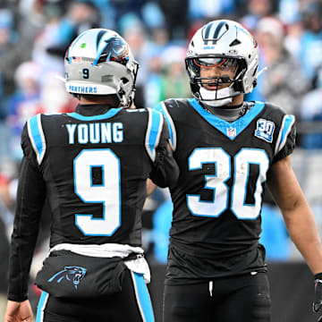 Dec 22, 2024; Charlotte, North Carolina, USA;  Carolina Panthers quarterback Bryce Young (9) and running back Chuba Hubbard (30) react in overtime at Bank of America Stadium. Mandatory Credit: Bob Donnan-Imagn Images