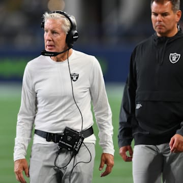 Aug 7, 2025; Seattle, Washington, USA; Las Vegas Raiders head coach Pete Carroll during the second half against the Seattle Seahawks at Lumen Field. Mandatory Credit: Steven Bisig-Imagn Images