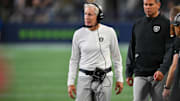 Aug 7, 2025; Seattle, Washington, USA; Las Vegas Raiders head coach Pete Carroll during the second half against the Seattle Seahawks at Lumen Field. Mandatory Credit: Steven Bisig-Imagn Images