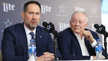 Jan 27, 2025; Frisco, TX, USA;   Dallas Cowboys Head Coach Brian Schottenheimer and owner Jerry Jones speak to the media at a press conference at the Star.  Mandatory Credit: Tim Heitman-Imagn Images