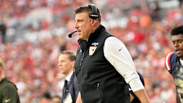 Nov 9, 2025; Tampa, Florida, USA; New England Patriots head coach Mike Vrabel stands on the sidelines during the third quarter against the Tampa Bay Buccaneers at Raymond James Stadium. Mandatory Credit: Jonathan Dyer-Imagn Images