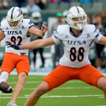 Nov 24, 2023; New Orleans, Louisiana, USA; UTSA Roadrunners place kicker Chase Allen (82) makes a field goal during the first half against the Tulane Green Wave at Yulman Stadium. Mandatory Credit: Matthew Hinton-USA TODAY Sports