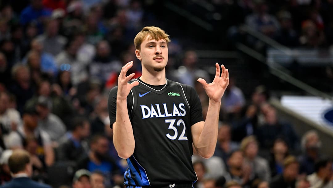 Jan 14, 2026; Dallas, Texas, USA; Dallas Mavericks forward Cooper Flagg (32) motions to his teammates 