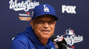 Oct 29, 2025; Los Angeles, California, USA; Los Angeles Dodgers manager Dave Roberts (30) speaks in a press conference before game five of the 2025 MLB World Series against the Toronto Blue Jays at Dodger Stadium. Mandatory Credit: Kirby Lee-Imagn Images