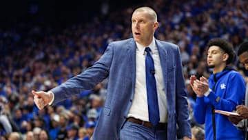 Jan 18, 2025; Lexington, Kentucky, USA; Kentucky Wildcats head coach Mark Pope gives a thumbs up to his players during the first half against the Alabama Crimson Tide at Rupp Arena at Central Bank Center. Mandatory Credit: Jordan Prather-Imagn Images