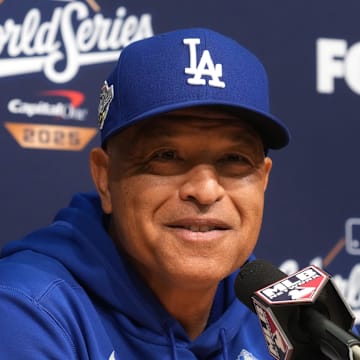 Oct 29, 2025; Los Angeles, California, USA; Los Angeles Dodgers manager Dave Roberts (30) speaks in a press conference before game five of the 2025 MLB World Series against the Toronto Blue Jays at Dodger Stadium. Mandatory Credit: Kirby Lee-Imagn Images