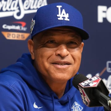 Oct 29, 2025; Los Angeles, California, USA; Los Angeles Dodgers manager Dave Roberts (30) speaks in a press conference before game five of the 2025 MLB World Series against the Toronto Blue Jays at Dodger Stadium. Mandatory Credit: Kirby Lee-Imagn Images