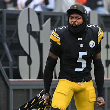 Oct 12, 2025; Pittsburgh, Pennsylvania, USA; Pittsburgh Steelers cornerback Jalen Ramsey (5) takes the field for a game against the Cleveland Browns at Acrisure Stadium. Mandatory Credit: Barry Reeger-Imagn Images