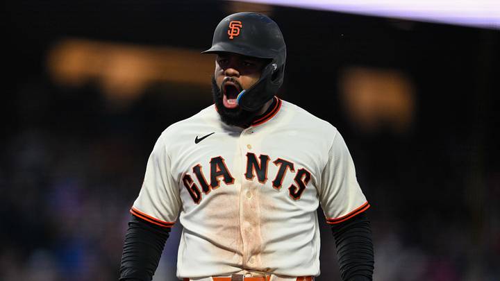 San Francisco, California, USA; San Francisco Giants right fielder Heliot Ramos (17) reacts at home plate after his three-run home run against the Toronto Blue Jays in the sixth inning at Oracle Park. Mandatory Credit: Eakin Howard-Imagn Images
