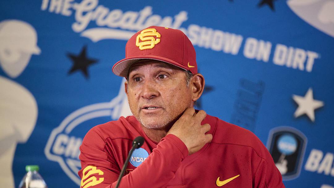 May 31, 2025; Corvallis, OR, USA; USC head coach Andy Stankiewicz takes questions after a game against Saint Mary's at the NCAA Corvallis Regional at Goss Stadium. 