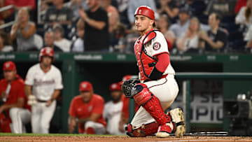 Aug 20, 2025; Washington, District of Columbia, USA; Washington Nationals catcher Drew Millas (81) blocks the plate after fielding the ball against the New York Mets during the sixth inning at Nationals Park. 