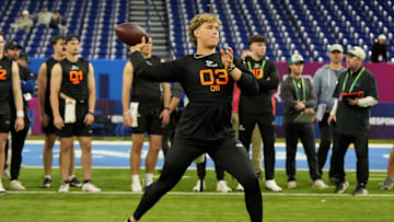 Mar 1, 2025; Indianapolis, IN, USA; Mississippi quarterback Jaxson Dart (QB03) during the 2025 NFL Combine at Lucas Oil Stadium. Mandatory Credit: Kirby Lee-Imagn Images