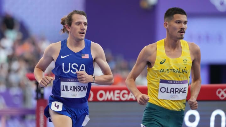 Aug 5, 2024; Saint-Denis, FRANCE; Matthew Wilkinson (USA) in the men's 3000m steeplechase round 1 heats during the Paris 2024 Olympic Summer Games at Stade de France. Mandatory Credit: Kirby Lee-USA TODAY Sports