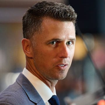 Oct 1, 2024; San Francisco, CA, USA; San Francisco Giants president of baseball operations Buster Posey speaks with the media after an introductory press conference at Oracle Park.  