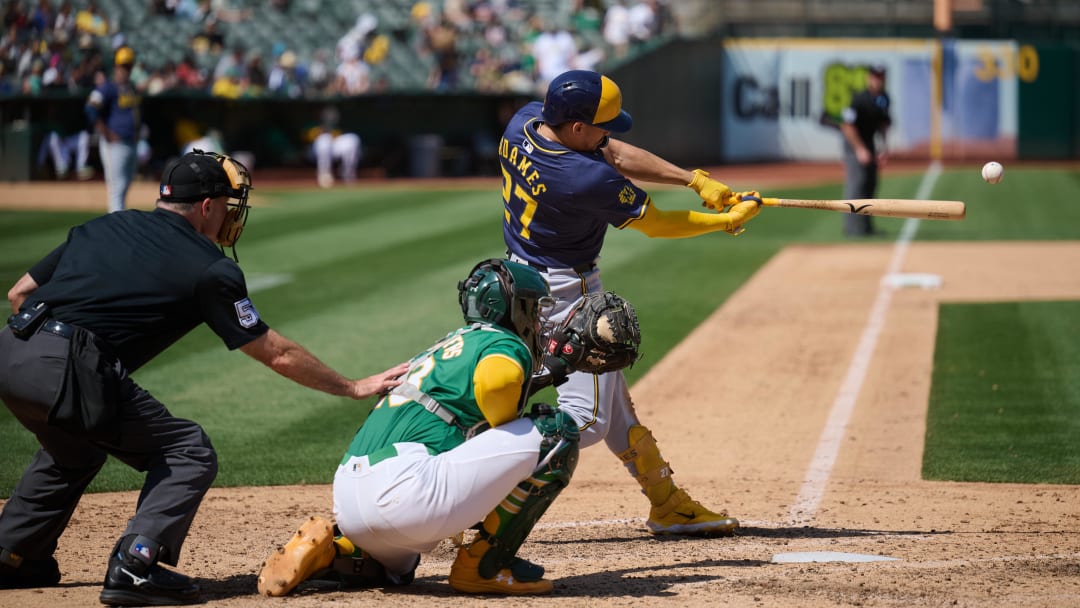 Aug 24, 2024; Oakland, California, USA; Milwaukee Brewers infielder Willy Adames (27) bats against the Oakland Athletics during the eighth inning at Oakland-Alameda County Coliseum. Mandatory Credit: Robert Edwards-USA TODAY Sports