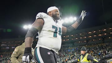 Nov 10, 2025; Green Bay, Wisconsin, USA;  Philadelphia Eagles offensive tackle Fred Johnson (74) waves to the crowd following the game against the Green Bay Packers at Lambeau Field.
