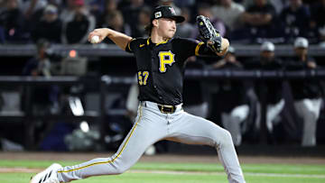 Mar 3, 2025; Tampa, Florida, USA; Pittsburgh Pirates pitcher Bubba Chandler (57) throws a pitch during the fifth inning against the New York Yankees  at George M. Steinbrenner Field. Mandatory Credit: Kim Klement Neitzel-Imagn Images