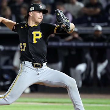 Mar 3, 2025; Tampa, Florida, USA; Pittsburgh Pirates pitcher Bubba Chandler (57) throws a pitch during the fifth inning against the New York Yankees  at George M. Steinbrenner Field. Mandatory Credit: Kim Klement Neitzel-Imagn Images