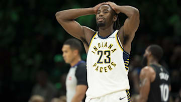 Indiana Pacers guard Aaron Nesmith (23) against the Minnesota Timberwolves at Target Center. 