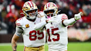 Nov 30, 2025; Cleveland, Ohio, USA; San Francisco 49ers wide receiver Jauan Jennings (15) celebrates with tight end George Kittle (85) after a first down catch against the Cleveland Browns during the fourth quarter at Huntington Bank Field. Mandatory Credit: Ken Blaze-Imagn Images