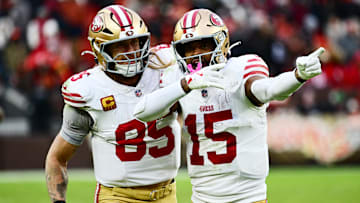 Nov 30, 2025; Cleveland, Ohio, USA; San Francisco 49ers wide receiver Jauan Jennings (15) celebrates with tight end George Kittle (85) after a first down catch against the Cleveland Browns during the fourth quarter at Huntington Bank Field. Mandatory Credit: Ken Blaze-Imagn Images