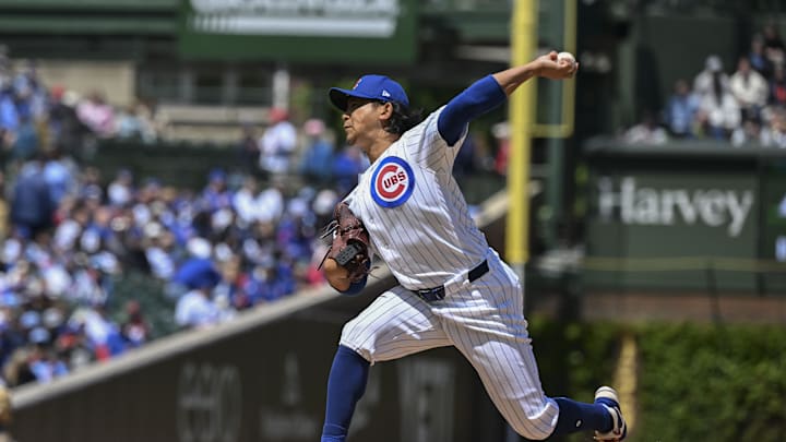 May 2, 2026; Chicago, Illinois, USA;  Chicago Cubs pitcher Shota Imanaga (18) delivers during the first inning against the Arizona Diamondbacks at Wrigley Field. Mandatory Credit: Matt Marton-Imagn Images