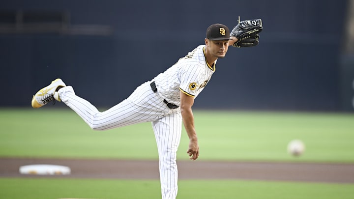 San Diego Padres starting pitcher Yu Darvish (11) delivers during the first inning against the Arizona Diamondbacks at Petco Park on Monday. San Diego Padres starting pitcher Yu Darvish (11) delivers during the first inning against the Arizona Diamondbacks at Petco Park on Monday.
