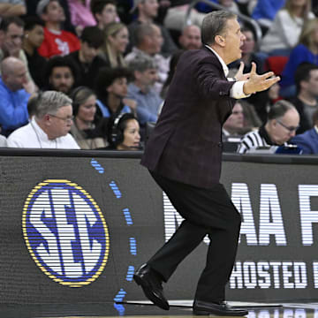 Arkansas Razorbacks head coach John Calipari reacts during the second half against the Kansas Jayhawks at Amica Mutual Pavilion. 