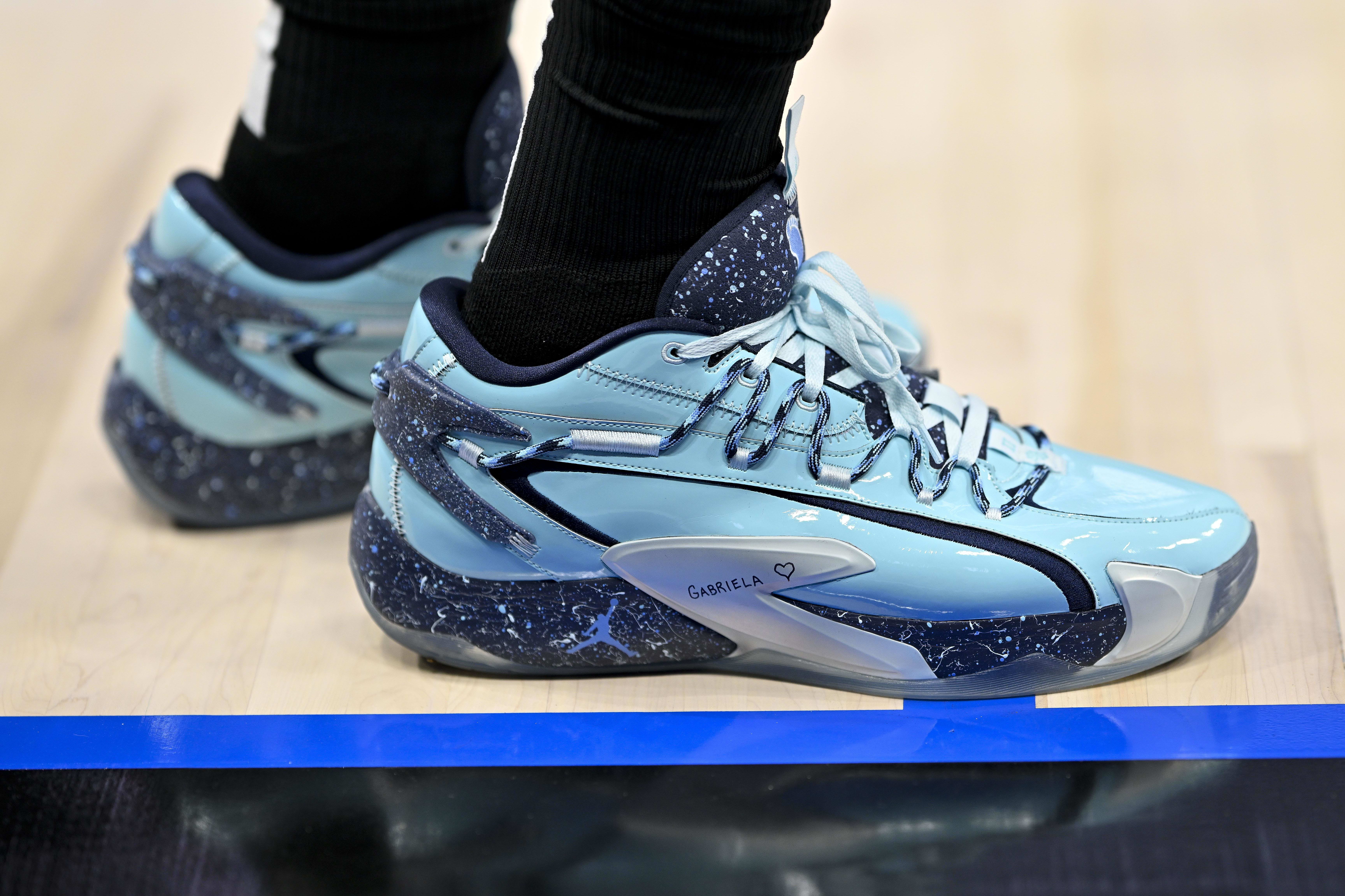 Dallas Mavericks guard Luka Doncic's blue Jordan Brand sneakers.