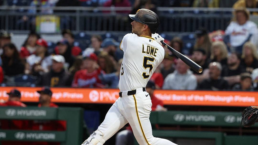 Sep 23, 2026; Pittsburgh, Pennsylvania, USA;  Pittsburgh Pirates second baseman Brandon Lowe (5) hits a solo home run against the St. Louis Cardinals during the second inning at PNC Park.  Mandatory Credit: Charles LeClaire-Imagn Images